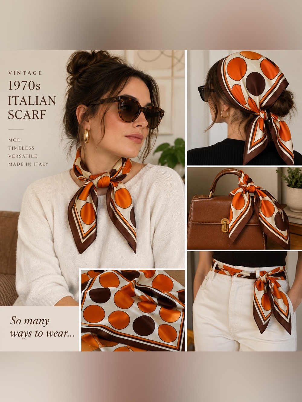 Vintage 1970s Italian Acetate Scarf Orange Brown Geometric Mod 27”